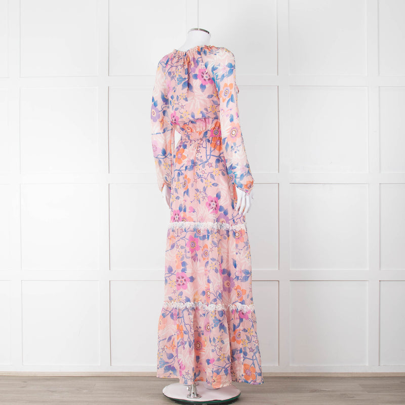 Ridley Pale Pink Blue Silk Floral Tiered Maxi Dress
