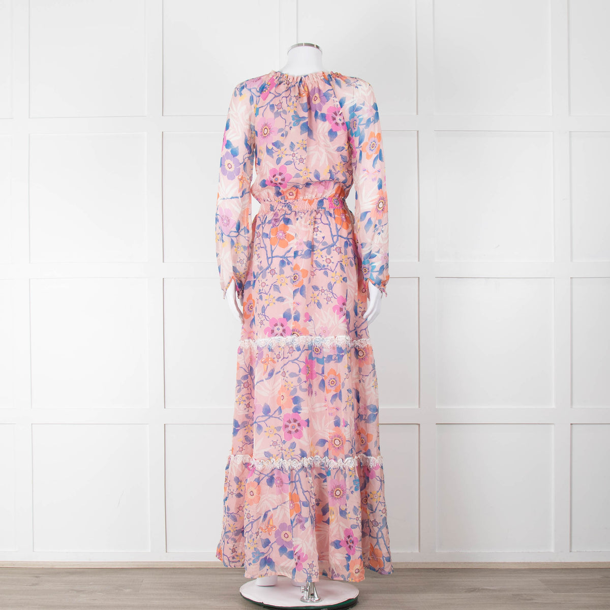 Ridley Pale Pink Blue Silk Floral Tiered Maxi Dress