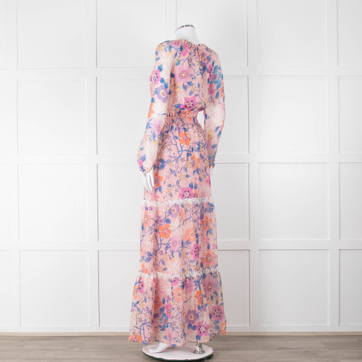 Ridley Pale Pink Blue Silk Floral Tiered Maxi Dress