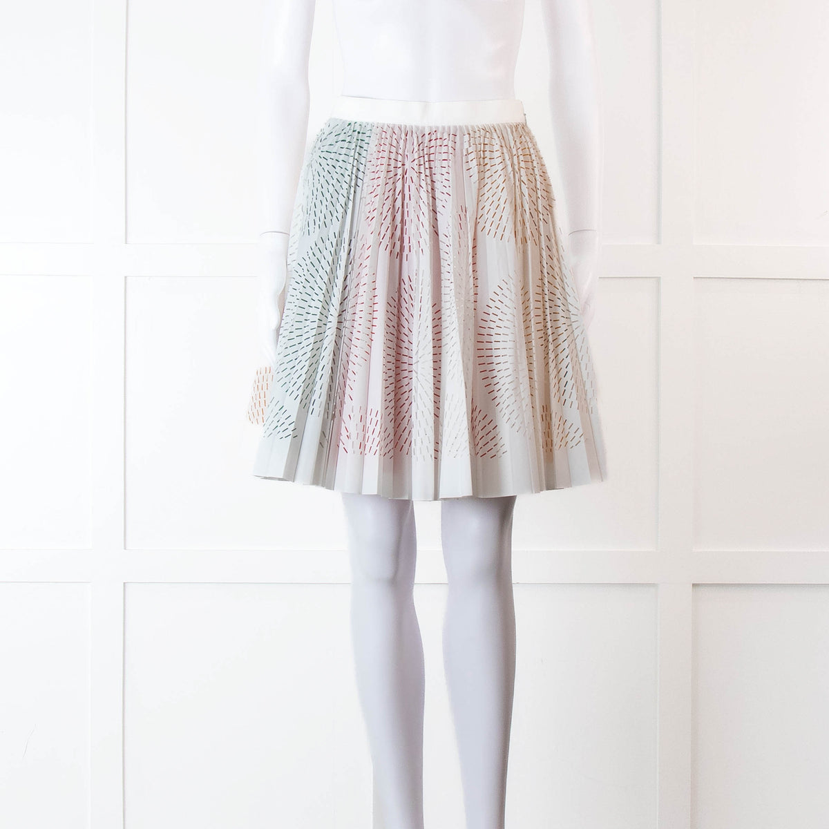 Alaia White Lazer Cut Pleated Skirt with Rainbow Underlay