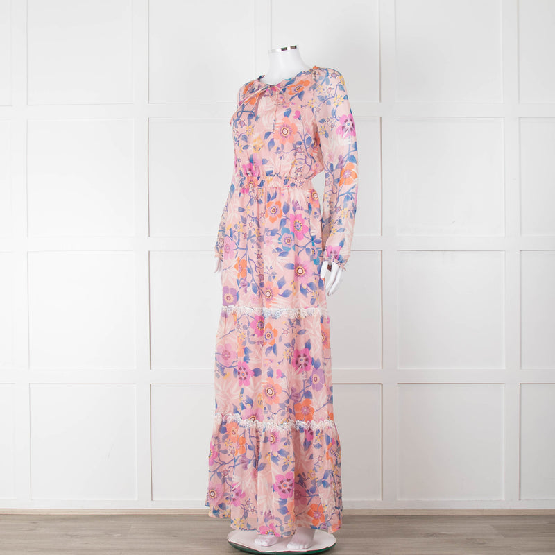 Ridley Pale Pink Blue Silk Floral Tiered Maxi Dress