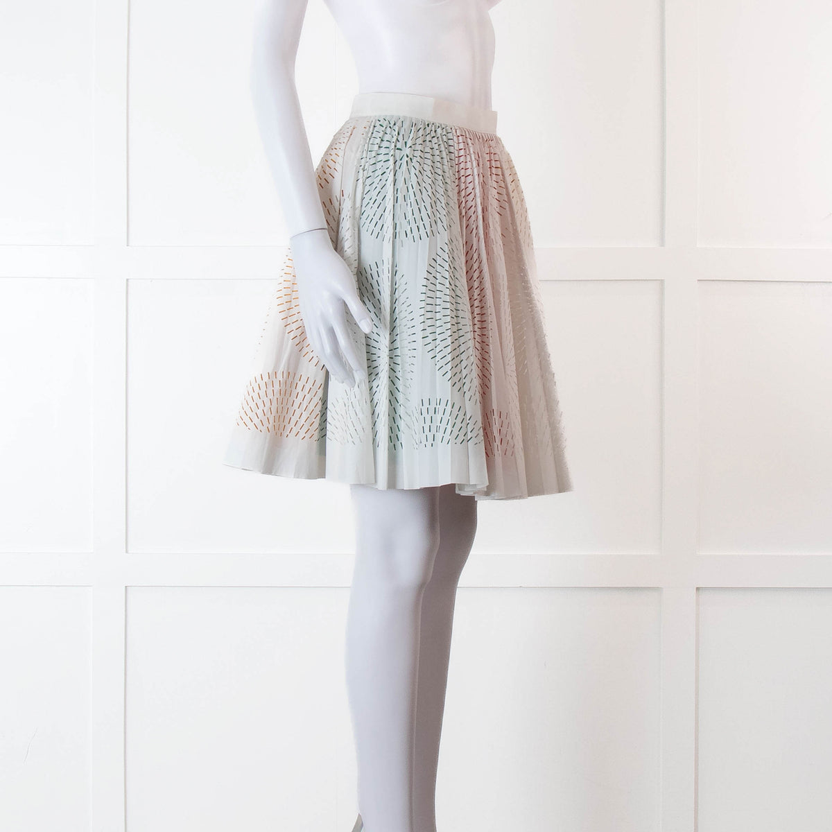 Alaia White Lazer Cut Pleated Skirt with Rainbow Underlay