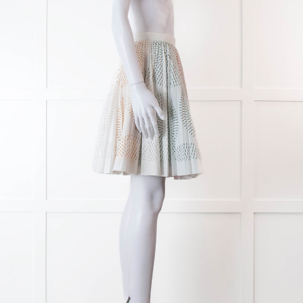 Alaia White Lazer Cut Pleated Skirt with Rainbow Underlay