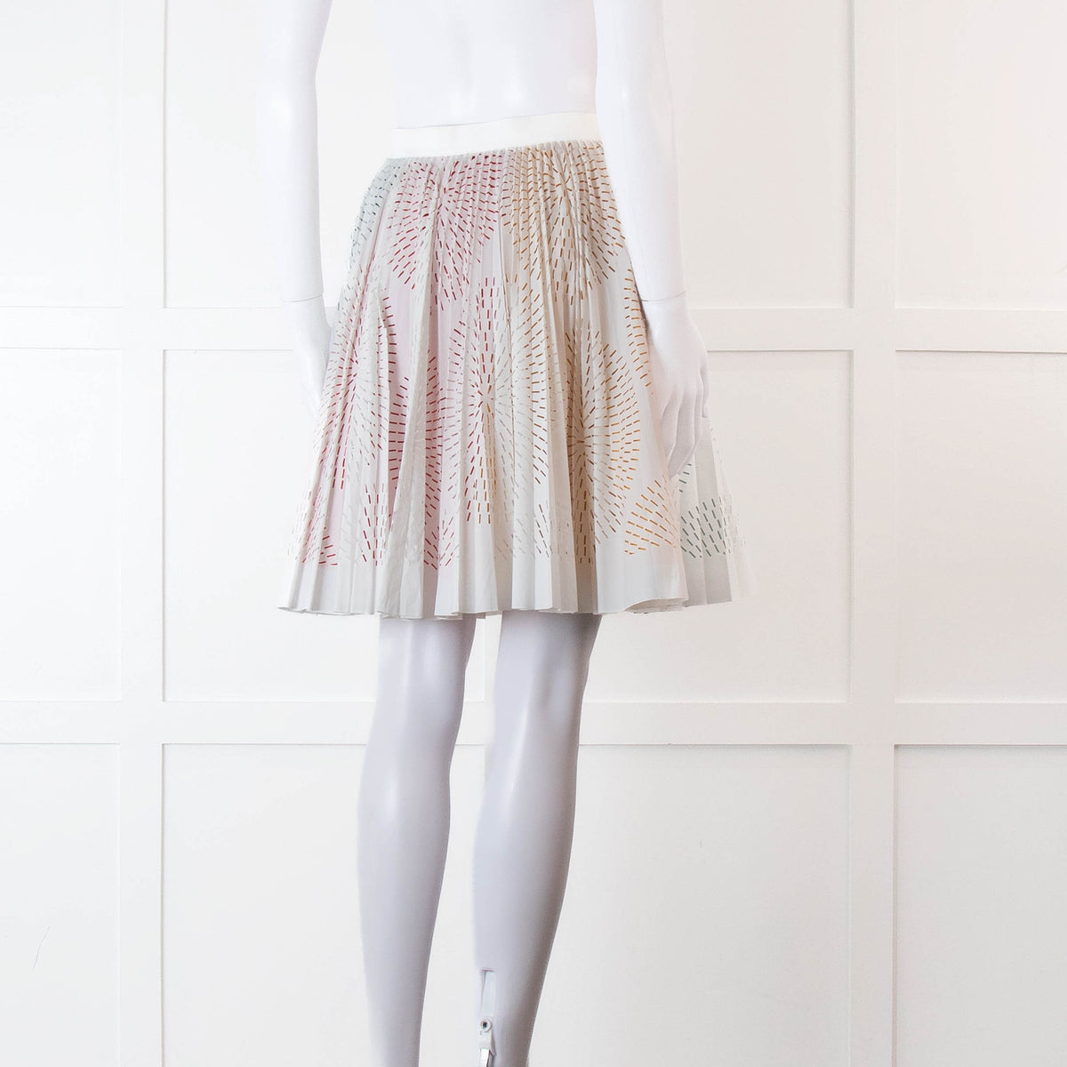 Alaia White Lazer Cut Pleated Skirt with Rainbow Underlay