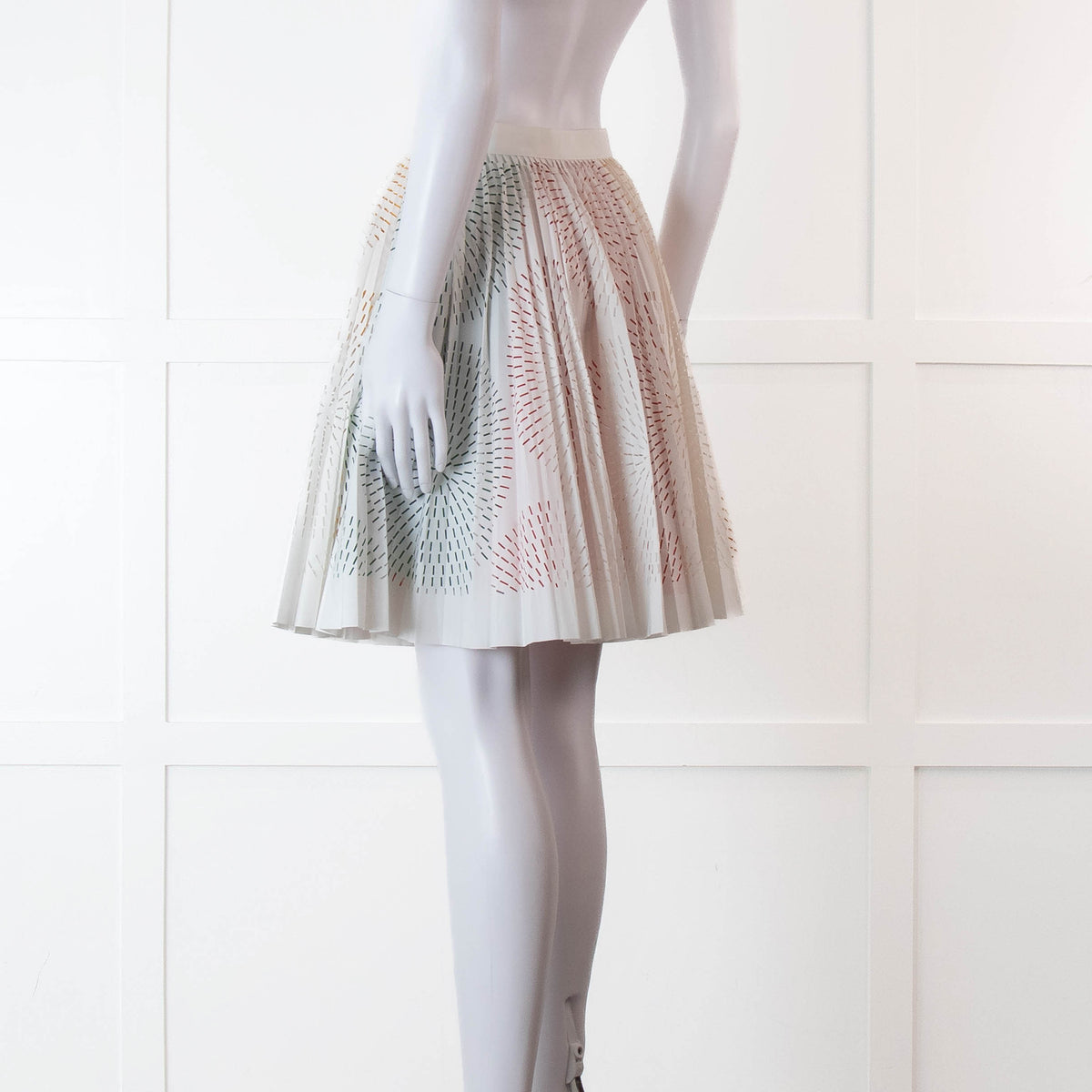 Alaia White Lazer Cut Pleated Skirt with Rainbow Underlay