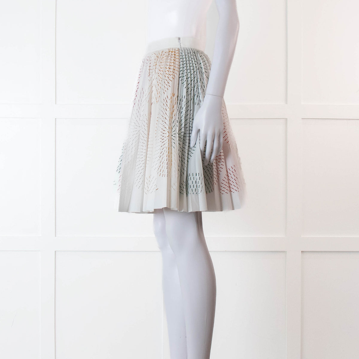 Alaia White Lazer Cut Pleated Skirt with Rainbow Underlay