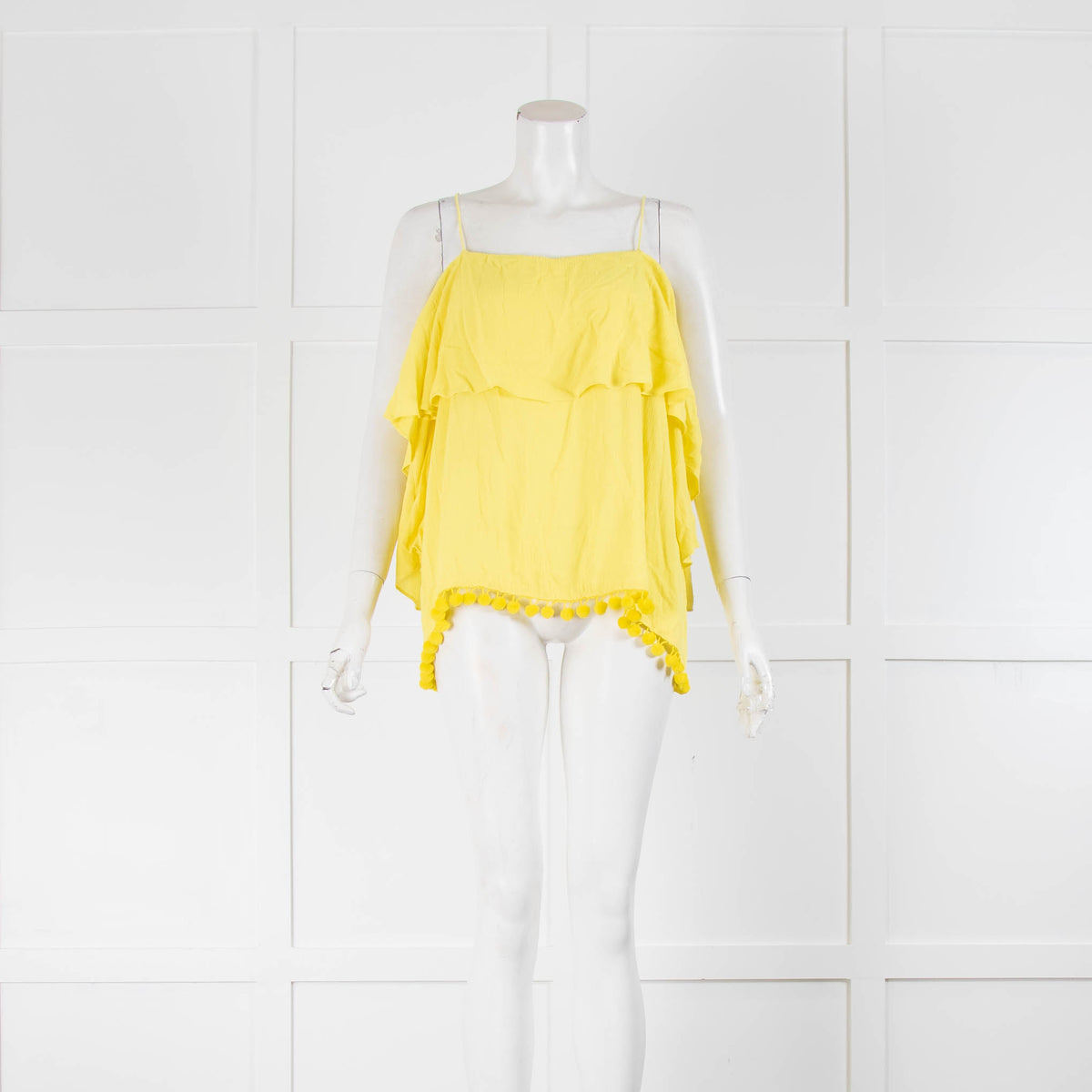 Alice + Olivia Yellow  Pompom Trim Shoe String Strap Top