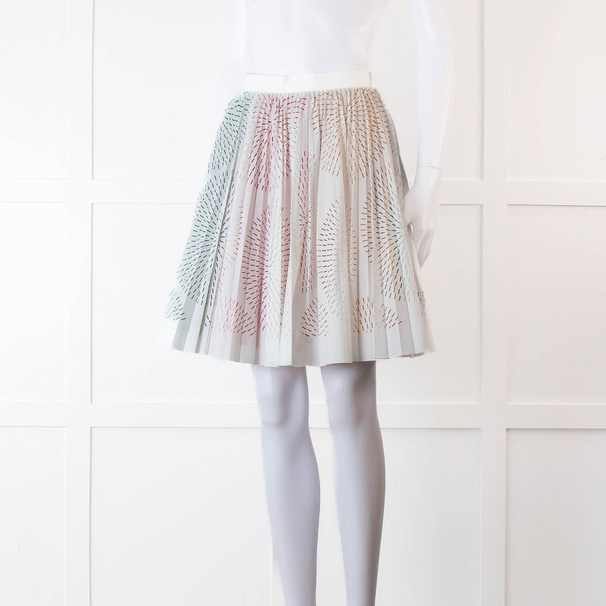 Alaia White Lazer Cut Pleated Skirt with Rainbow Underlay