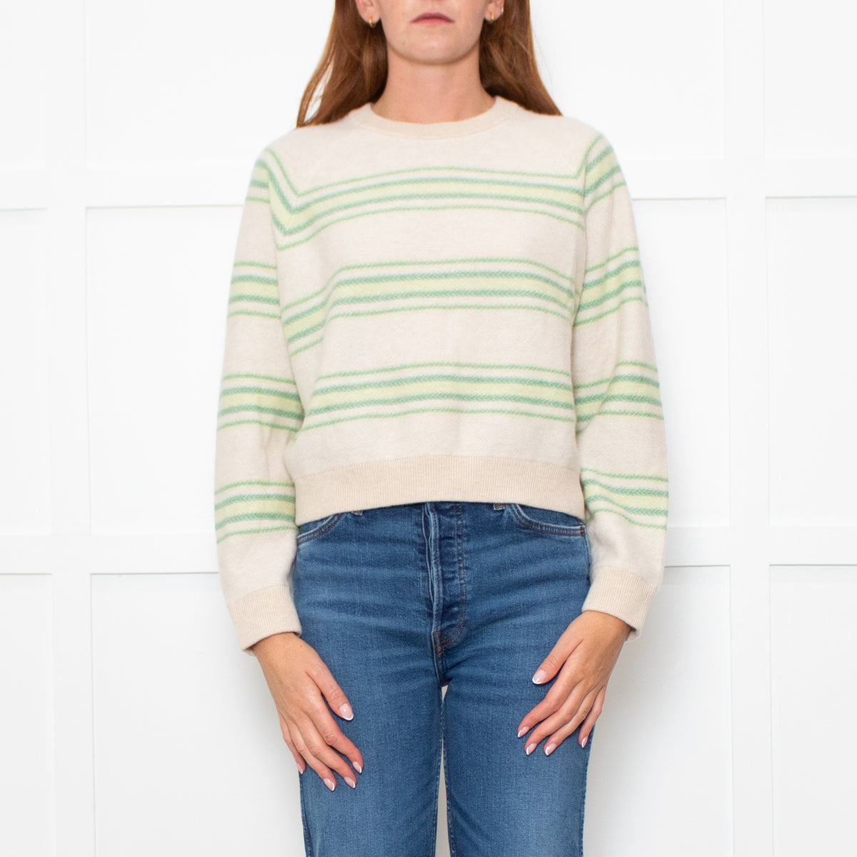White + Warren Cream Cashmere Green Blanket Stripe Sweatshirt