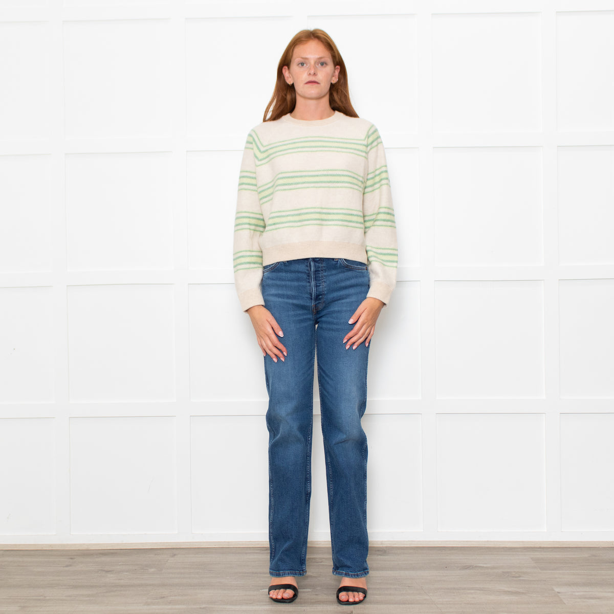 White + Warren Cream Cashmere Green Blanket Stripe Sweatshirt