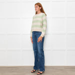 White + Warren Cream Cashmere Green Blanket Stripe Sweatshirt