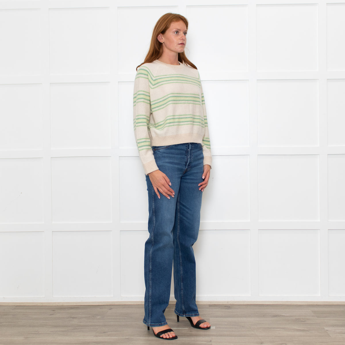 White + Warren Cream Cashmere Green Blanket Stripe Sweatshirt