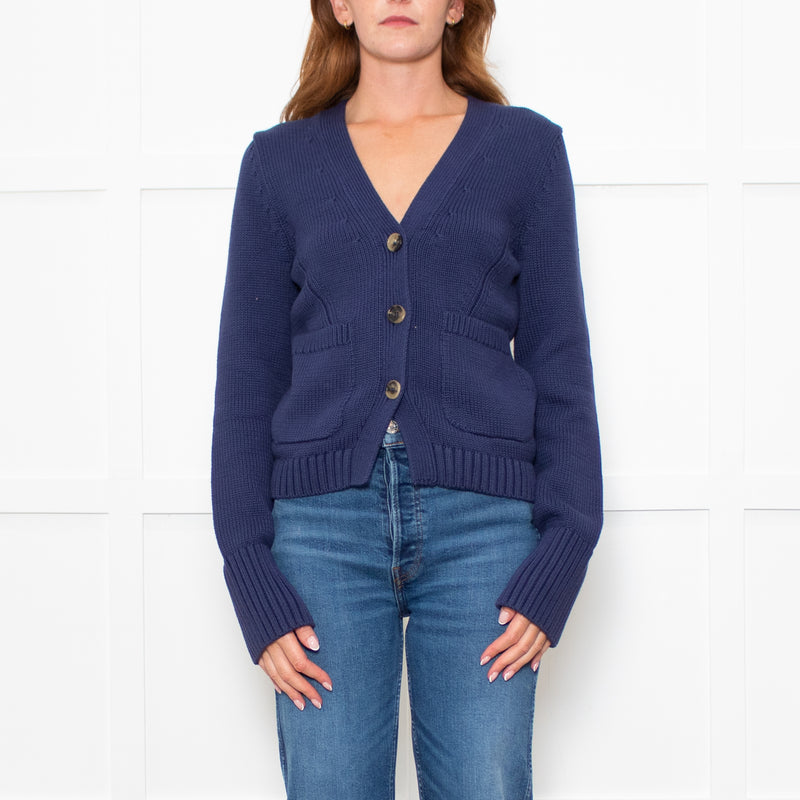 White + Warren Blue Cotton Button Up Cardigan