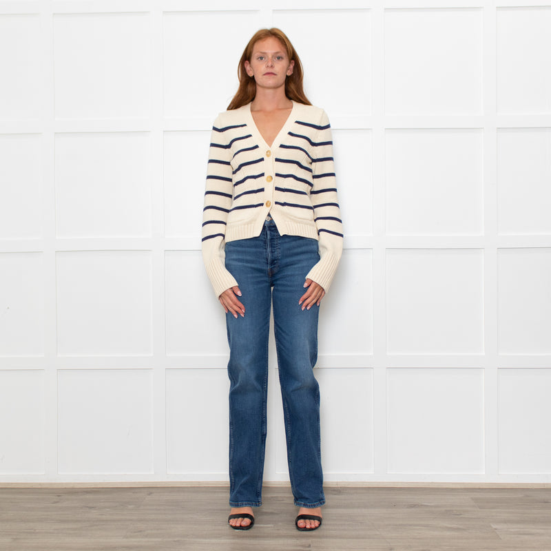 White + Warren Ivory Navy Striped Cotton Cardigan