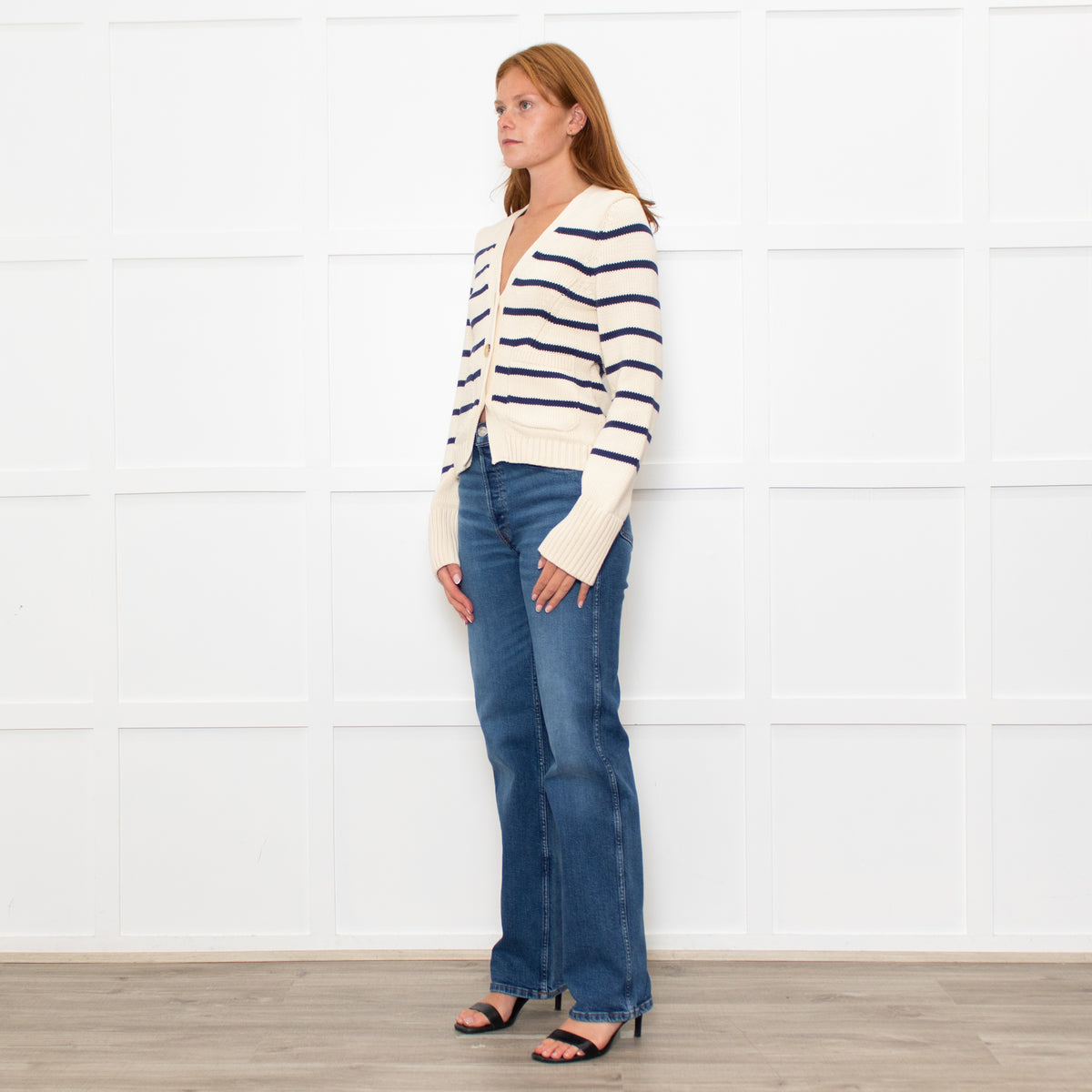 White + Warren Ivory Navy Striped Cotton Cardigan