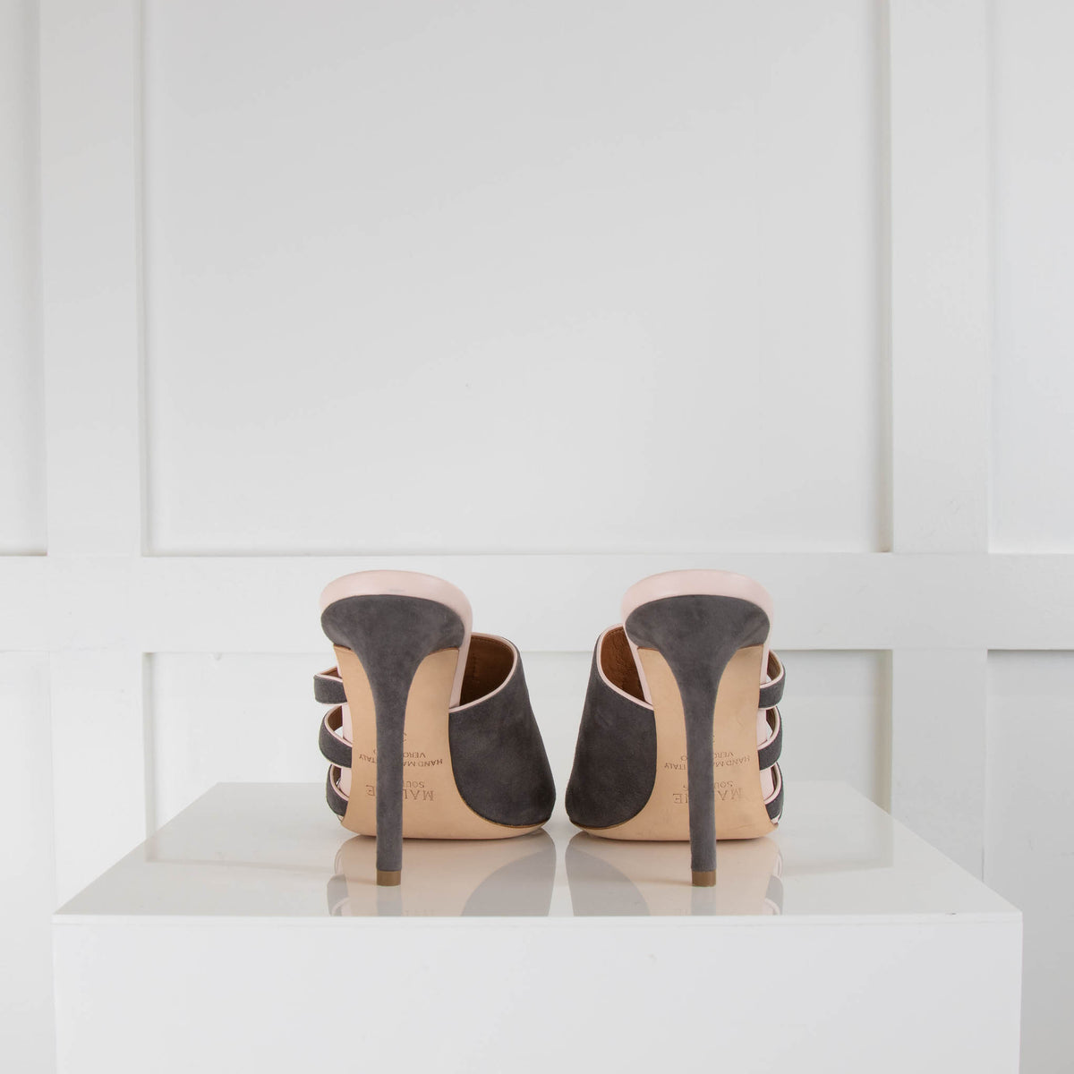 Malone Souliers Grey Pink Trim Suede Heeled Mules