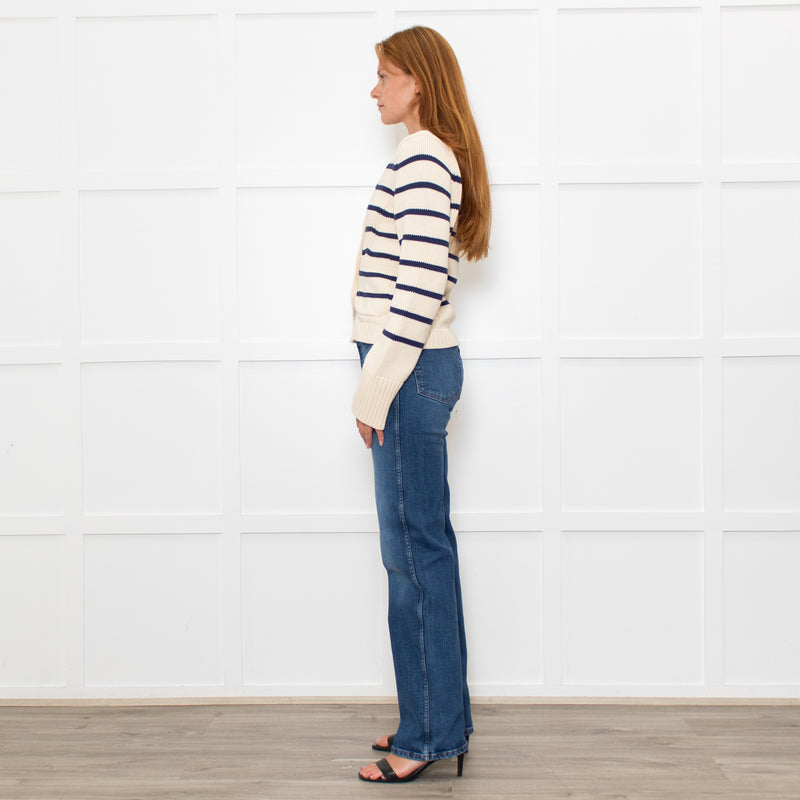 White + Warren Ivory Navy Striped Cotton Cardigan