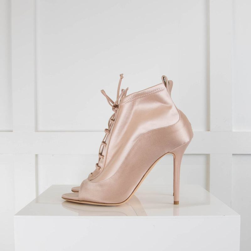 Malone Souliers Pale Pink Satin Lace Up Open Toe Heels