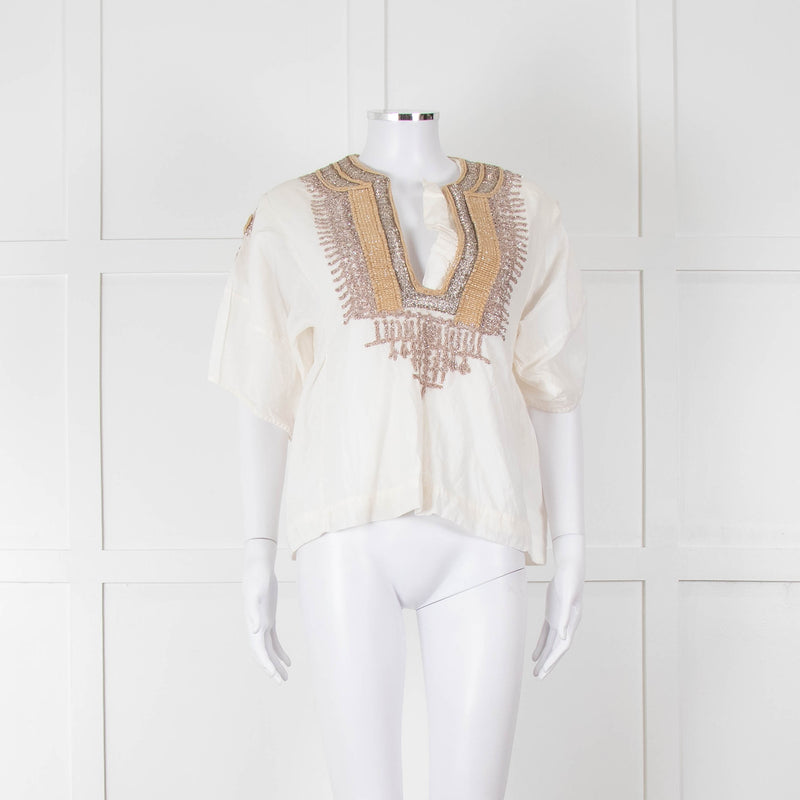 By Malene Birger Cream Beige Gold Embroidered Short Sleeve Top