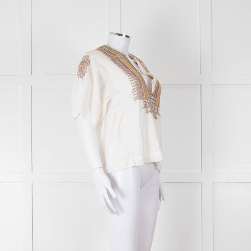 By Malene Birger Cream Beige Gold Embroidered Short Sleeve Top
