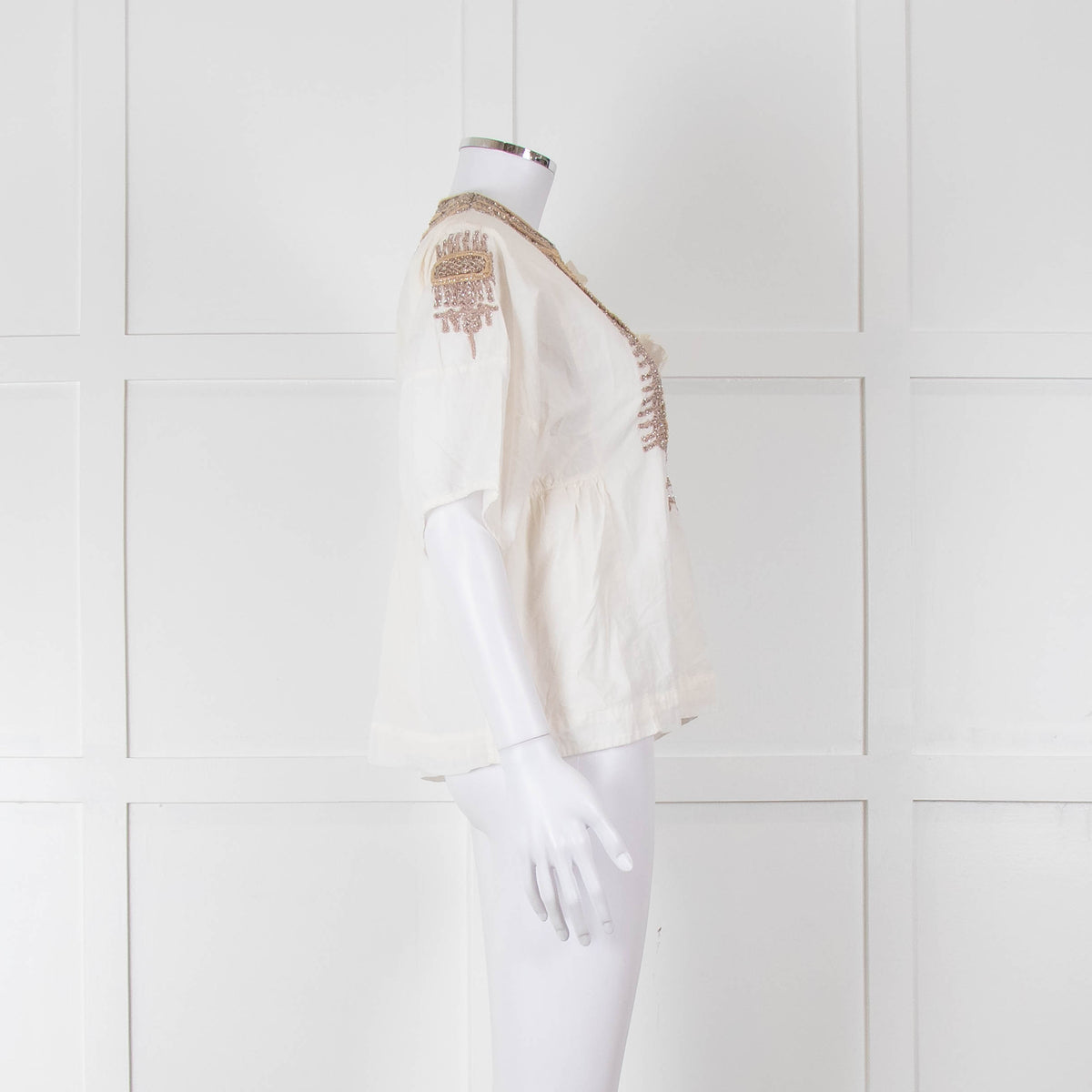 By Malene Birger Cream Beige Gold Embroidered Short Sleeve Top