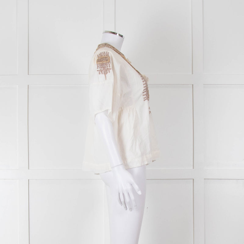 By Malene Birger Cream Beige Gold Embroidered Short Sleeve Top