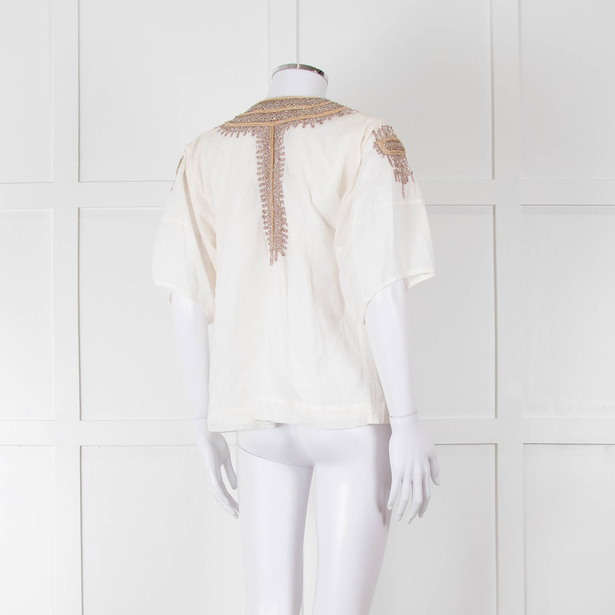 By Malene Birger Cream Beige Gold Embroidered Short Sleeve Top