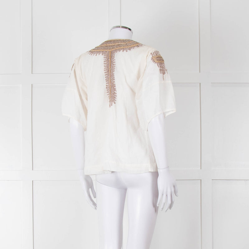 By Malene Birger Cream Beige Gold Embroidered Short Sleeve Top