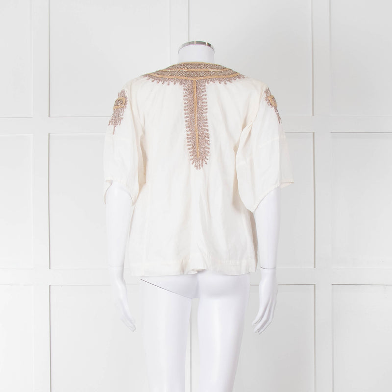 By Malene Birger Cream Beige Gold Embroidered Short Sleeve Top