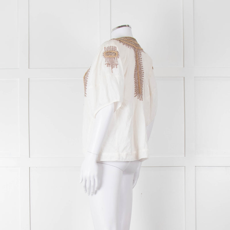 By Malene Birger Cream Beige Gold Embroidered Short Sleeve Top