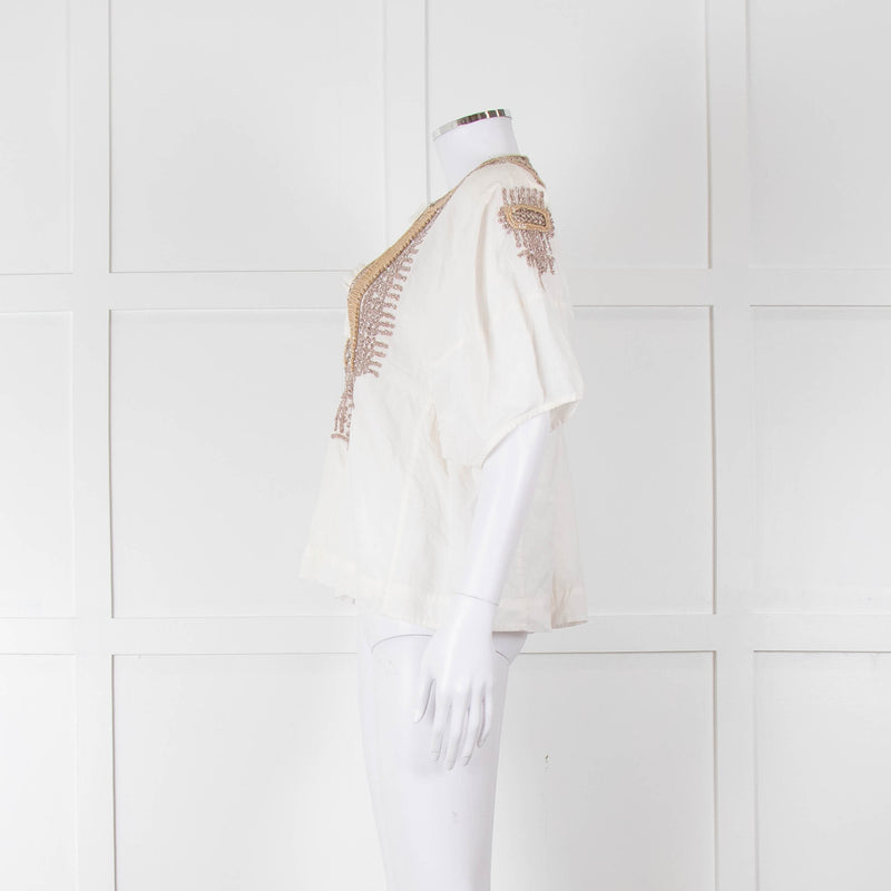 By Malene Birger Cream Beige Gold Embroidered Short Sleeve Top