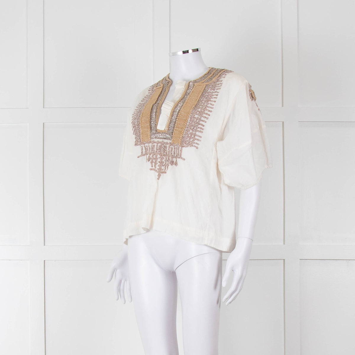 By Malene Birger Cream Beige Gold Embroidered Short Sleeve Top