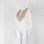 By Malene Birger Cream Beige Gold Embroidered Short Sleeve Top