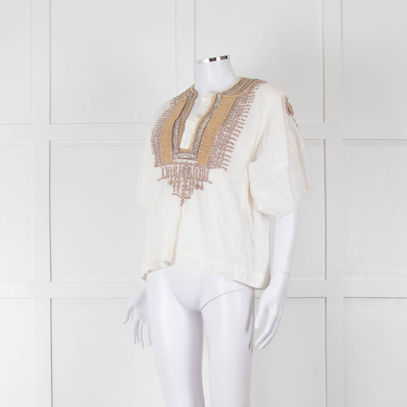 By Malene Birger Cream Beige Gold Embroidered Short Sleeve Top