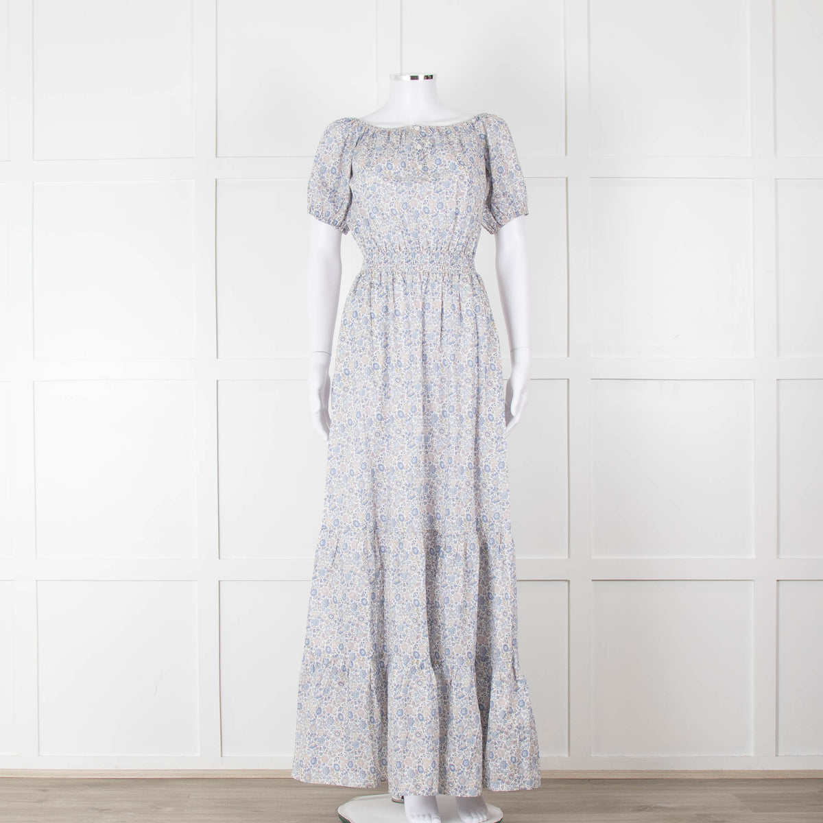 Ridley White Blue Grey Floral Cotton Puff Sleeve Maxi Dress