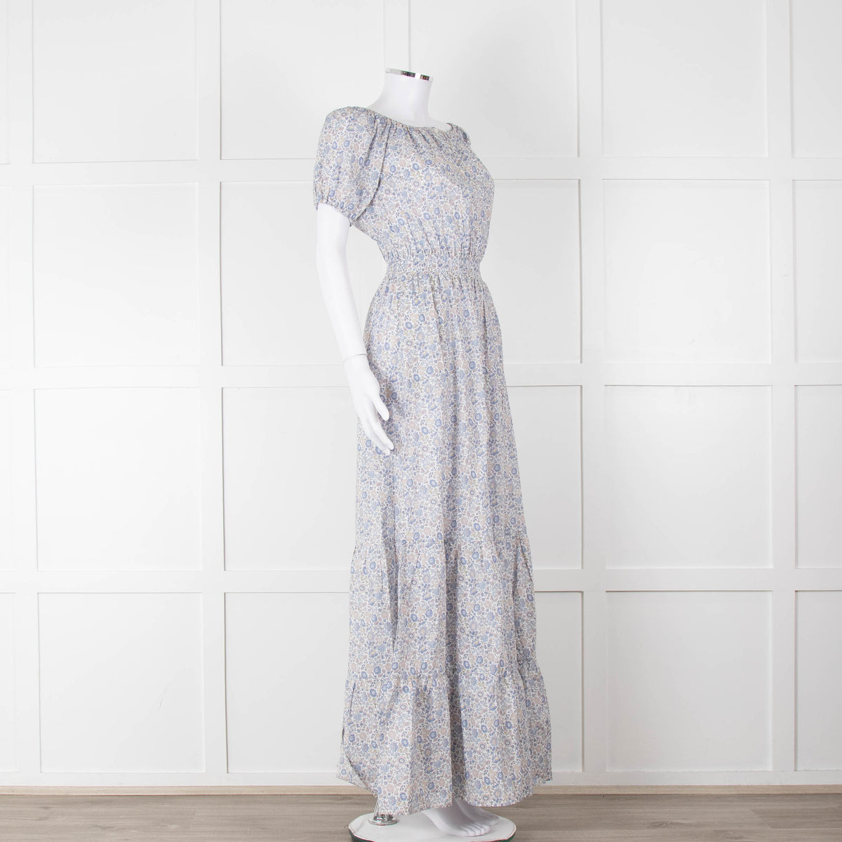 Ridley White Blue Grey Floral Cotton Puff Sleeve Maxi Dress