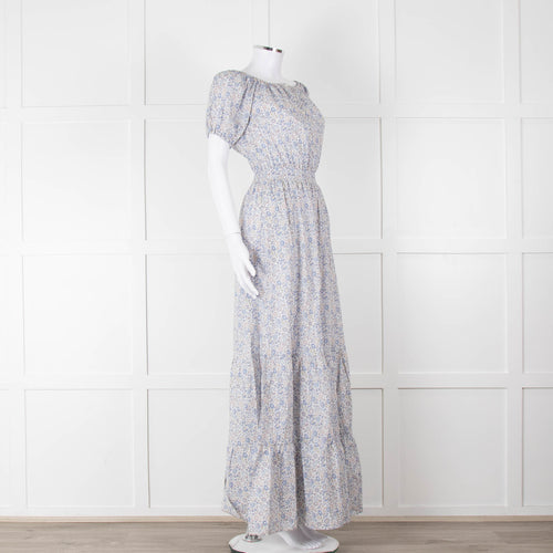 Ridley White Blue Grey Floral Cotton Puff Sleeve Maxi Dress