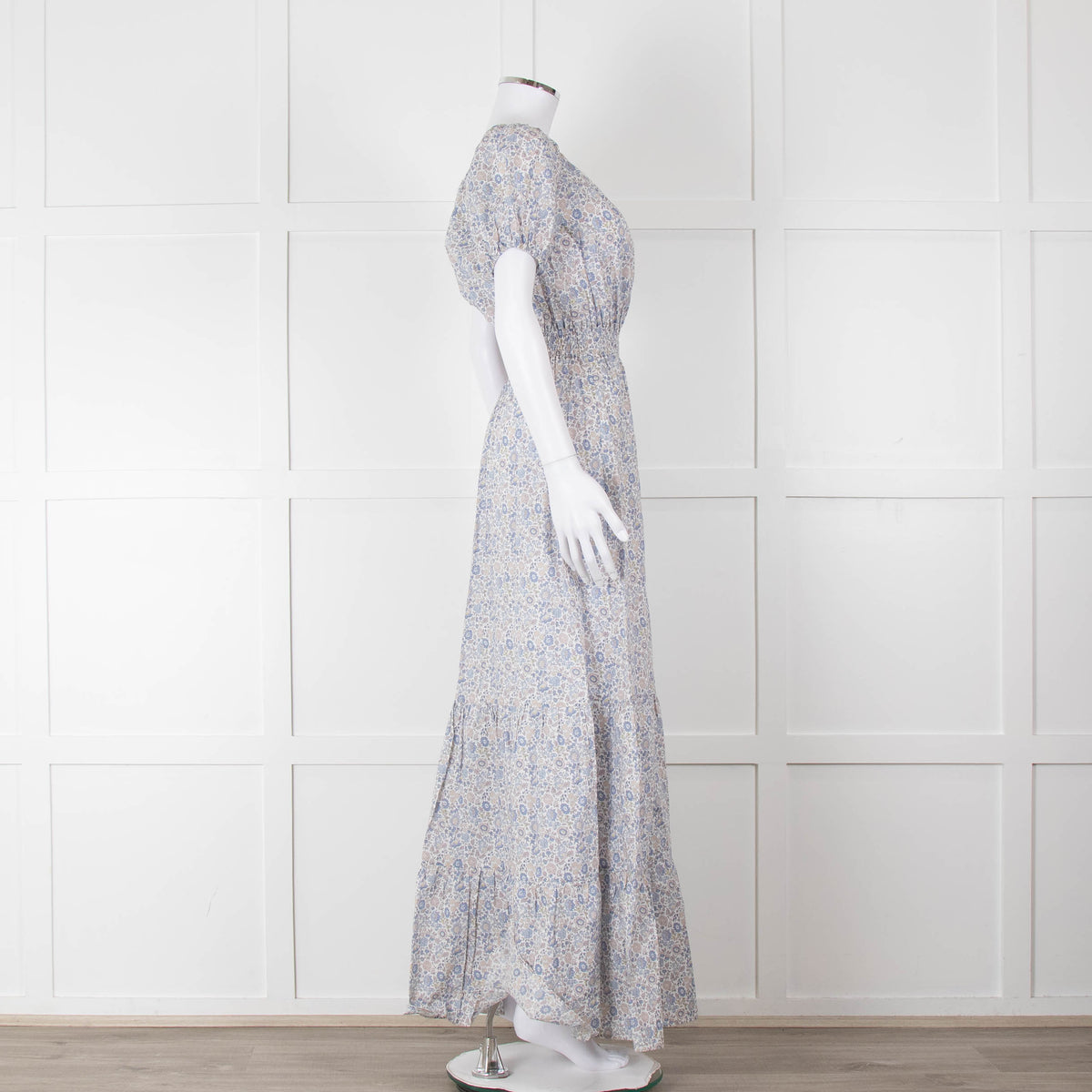 Ridley White Blue Grey Floral Cotton Puff Sleeve Maxi Dress