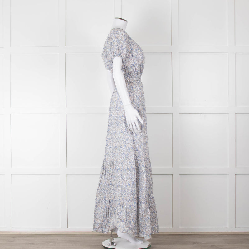 Ridley White Blue Grey Floral Cotton Puff Sleeve Maxi Dress