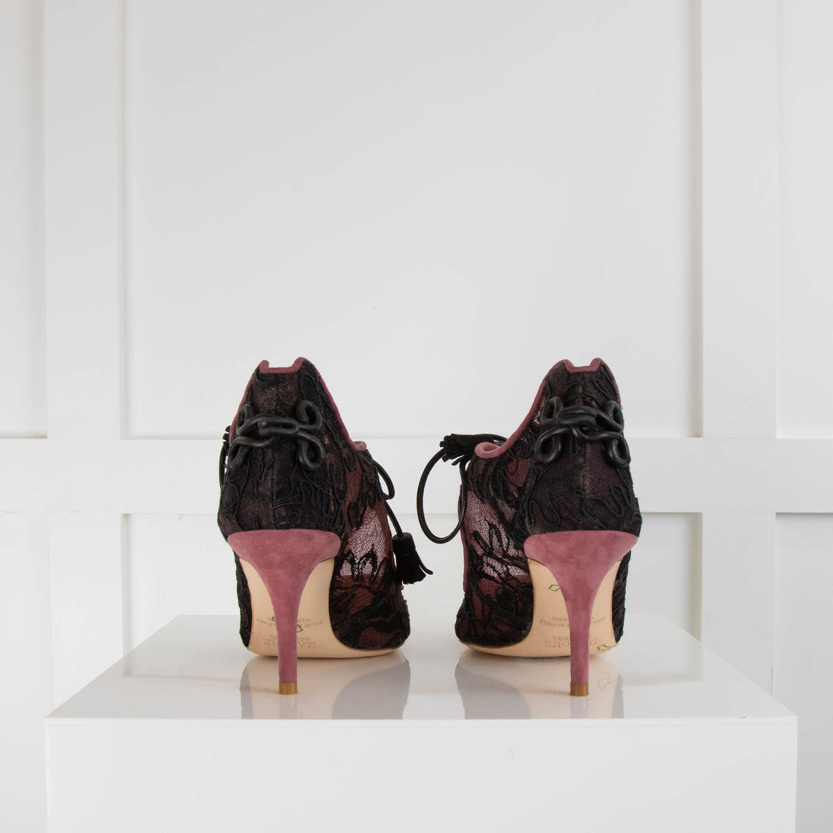Malone Souliers Black Lace Pink Suede Trim Heeled Shoes