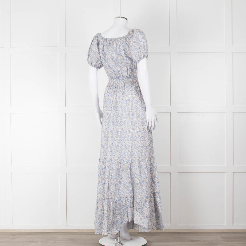 Ridley White Blue Grey Floral Cotton Puff Sleeve Maxi Dress