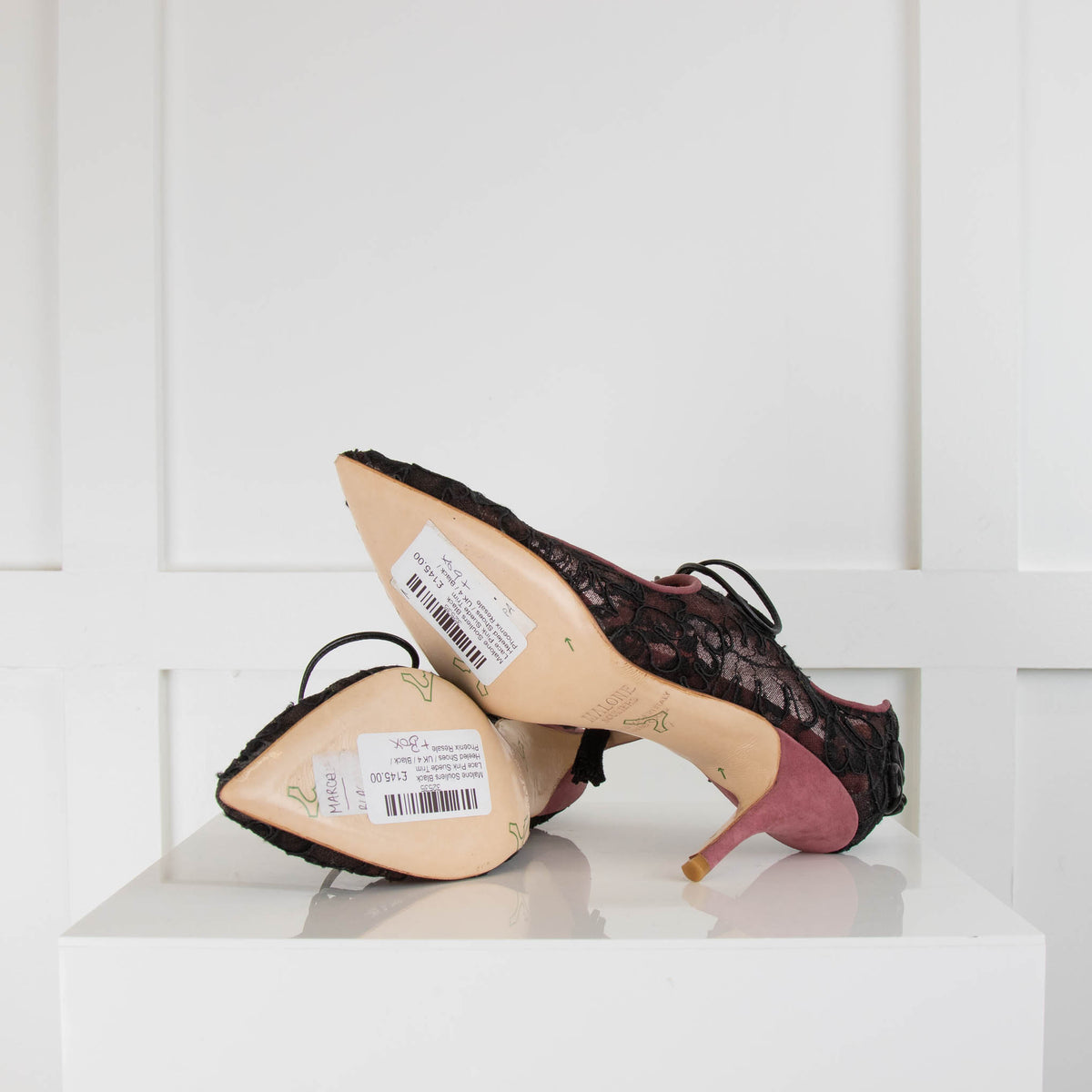 Malone Souliers Black Lace Pink Suede Trim Heeled Shoes