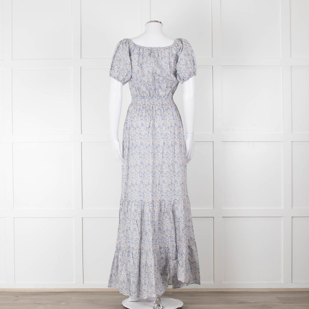 Ridley White Blue Grey Floral Cotton Puff Sleeve Maxi Dress