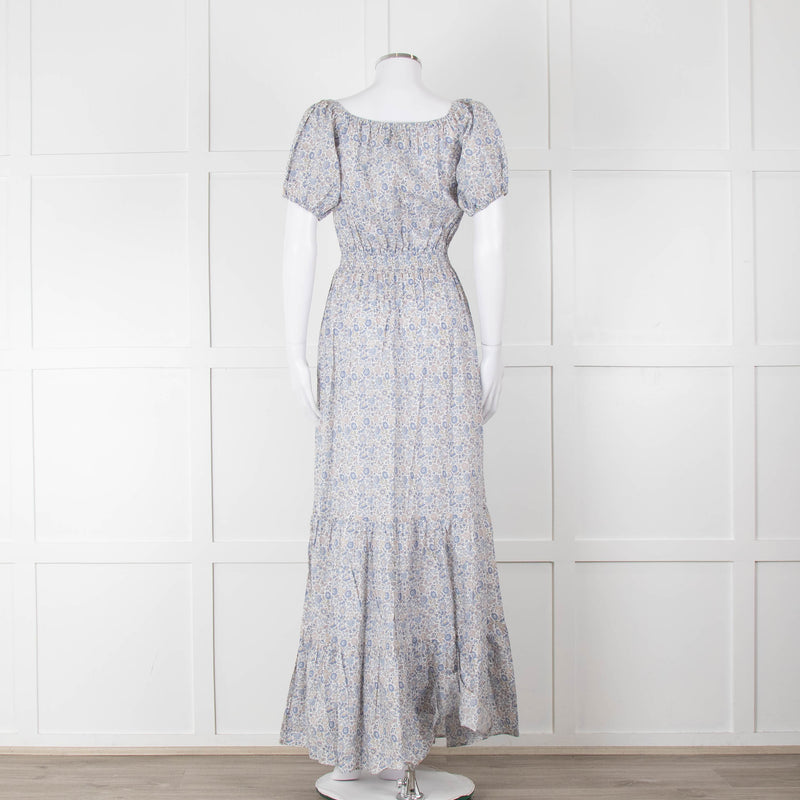 Ridley White Blue Grey Floral Cotton Puff Sleeve Maxi Dress