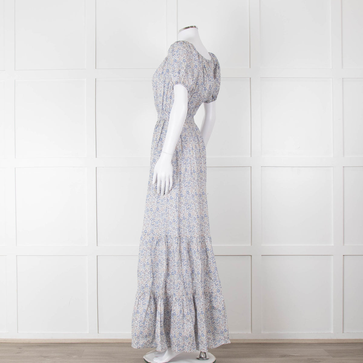 Ridley White Blue Grey Floral Cotton Puff Sleeve Maxi Dress