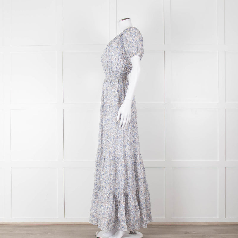 Ridley White Blue Grey Floral Cotton Puff Sleeve Maxi Dress