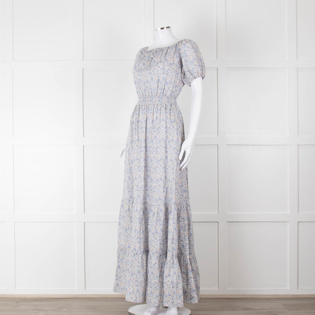 Ridley White Blue Grey Floral Cotton Puff Sleeve Maxi Dress