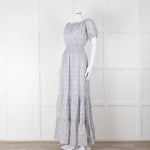 Ridley White Blue Grey Floral Cotton Puff Sleeve Maxi Dress