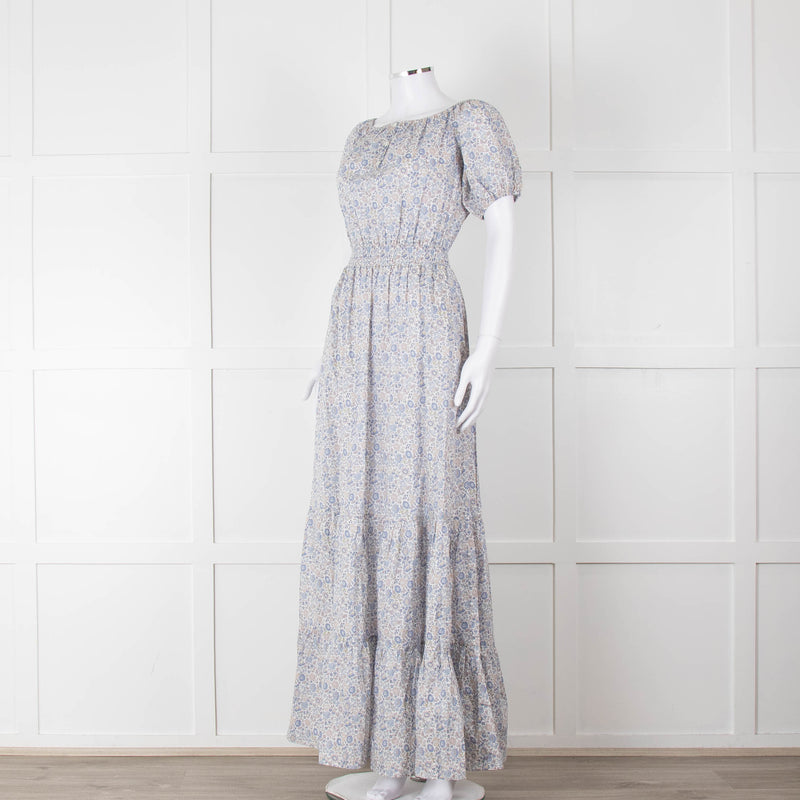 Ridley White Blue Grey Floral Cotton Puff Sleeve Maxi Dress