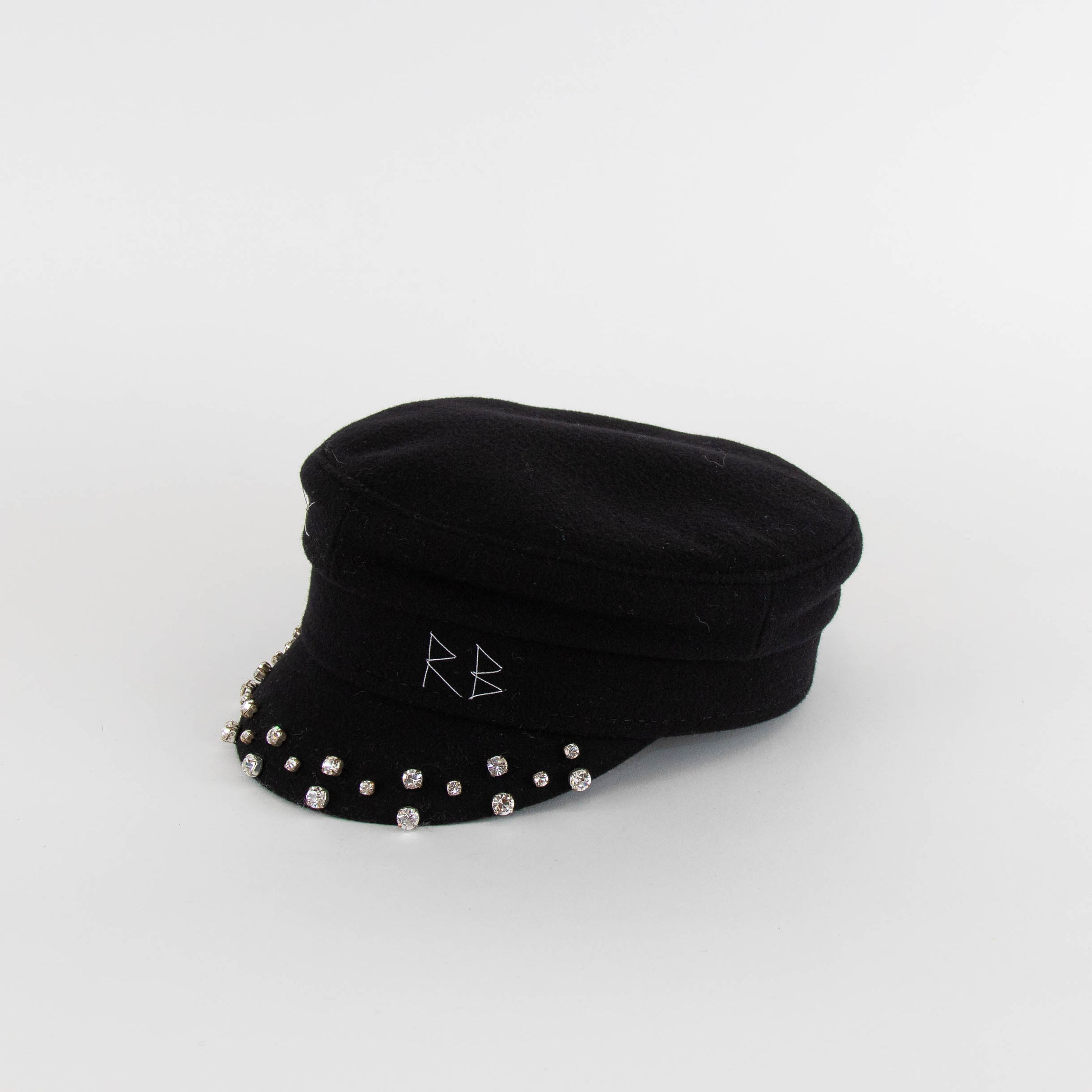 Ruslan Baginsky Black Baker Boy Hat with Crystal Embellishment